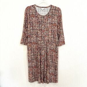 J. Jill Stretch Knit Midi Shift Print Dress Button Front 3/4 Sleeve - Medium